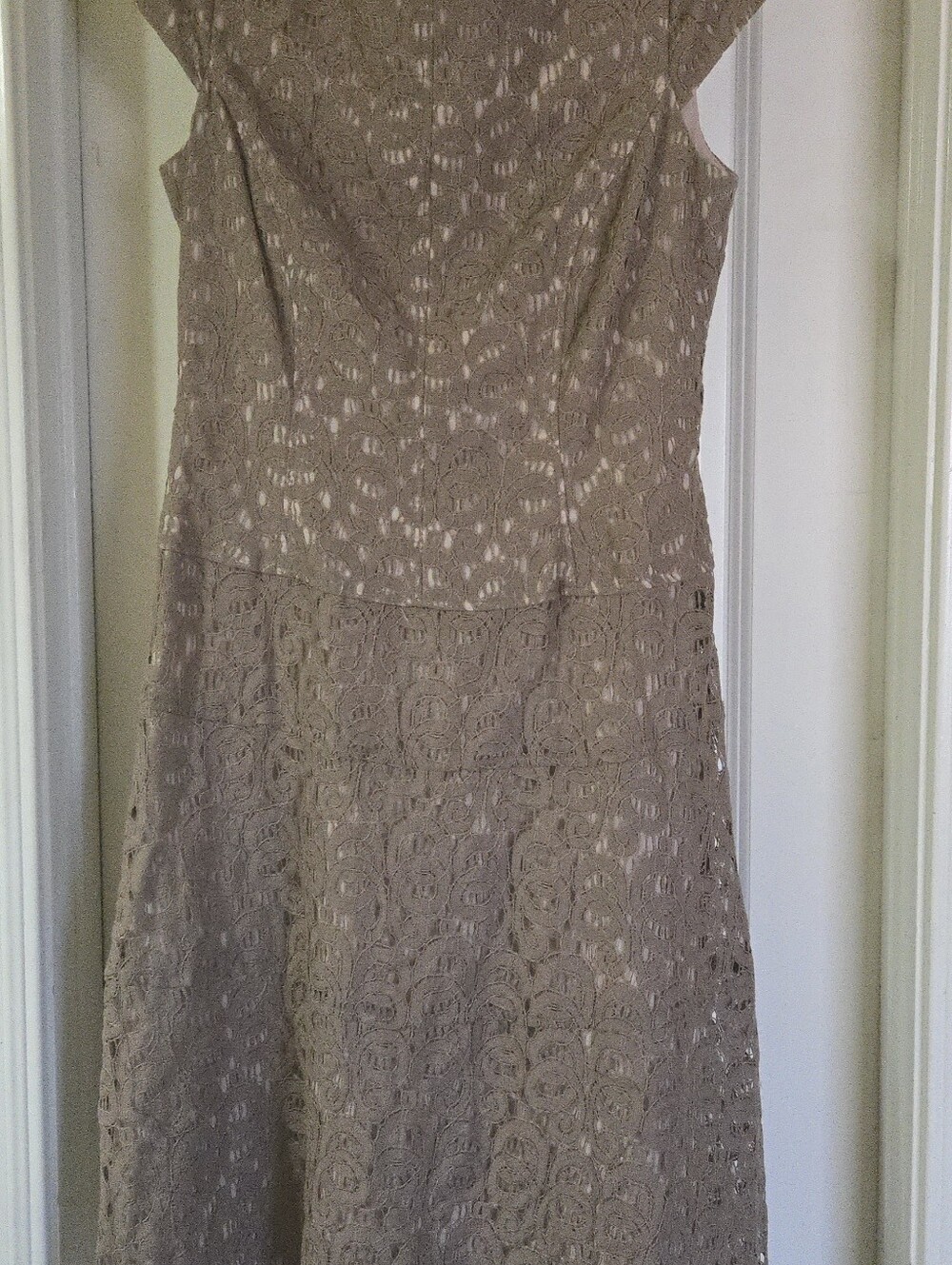 Anne Klein Boat Neck Cap Sleeves Taupe Tan Crochet Lace Midi Fit And Flare Dress